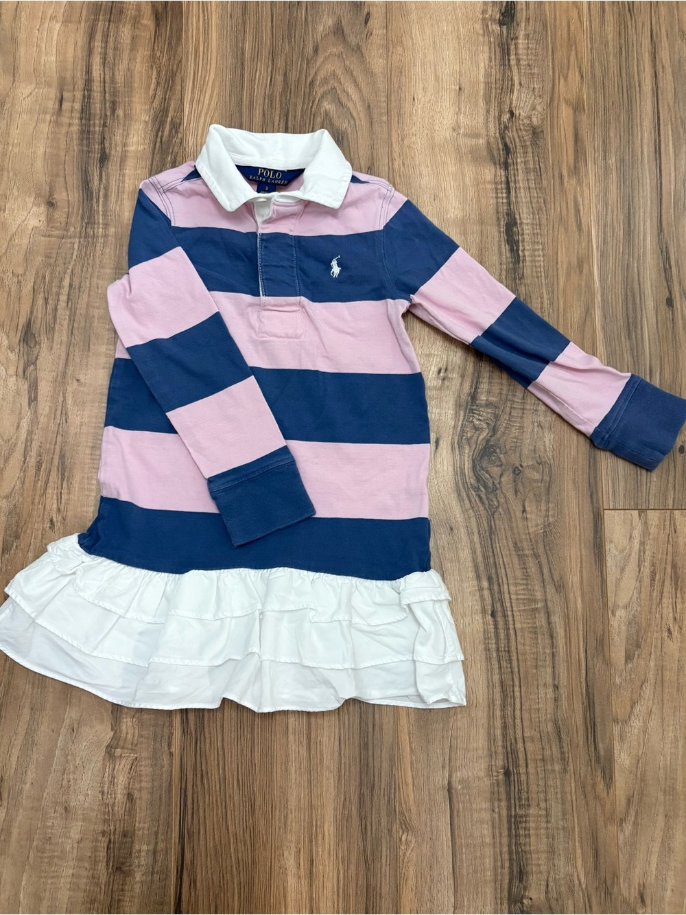 Polo by Ralph Lauren Pink & Navy Striped Rugby Dress with White Ruffle